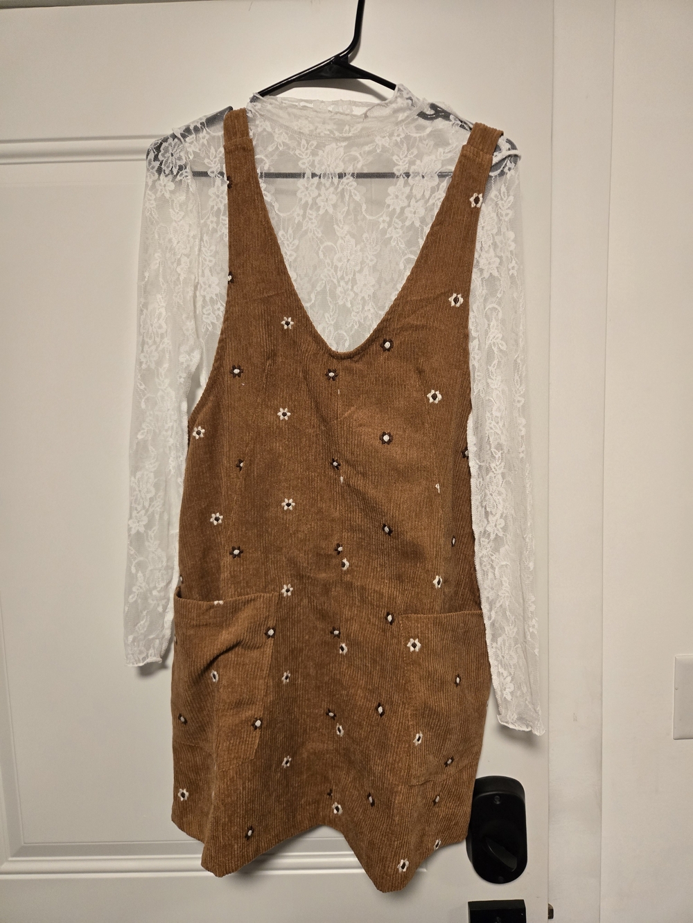 Hem & Thread Tan Corduroy Floral Mini Pinafore Dress And White Lace Top